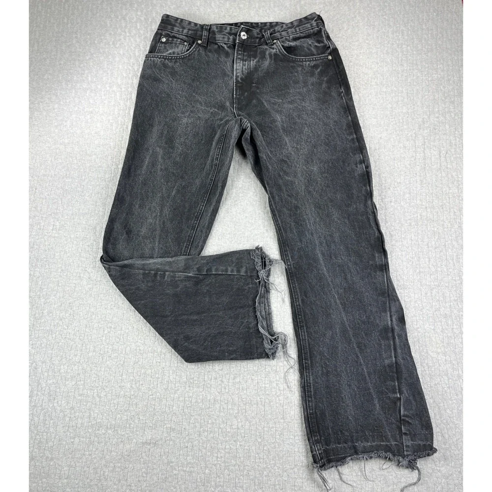 Zara Baggy Wide Leg Jeans Men 34/32x30.5 Black Distressed Raw Hem Straight Leg